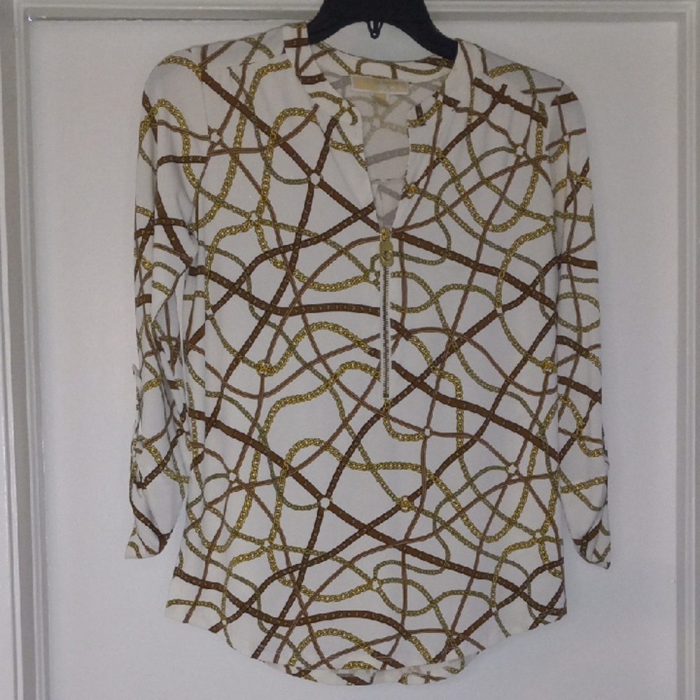 Michael Kors Brown and Tan Graphic Blouse with Mandarin Collar